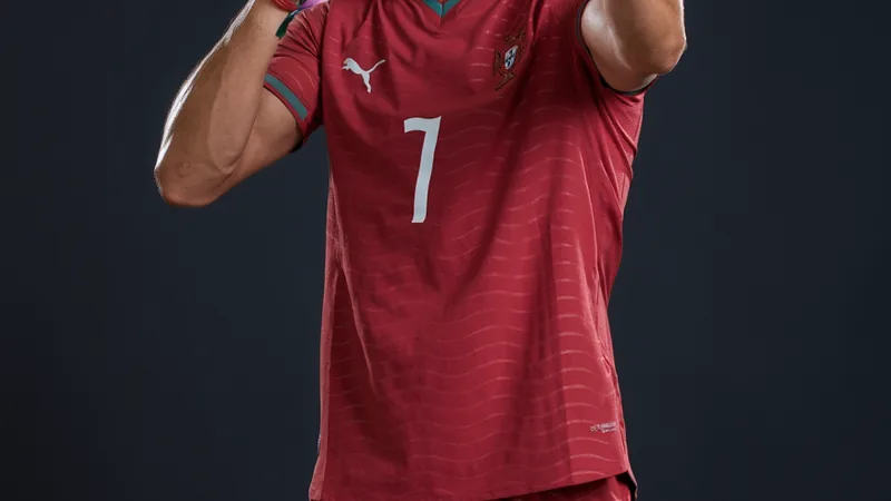 Cristiano Ronaldo : séance photo avant sa 6e et dernière Coupe du Cristiano Ronaldo en tenue du Portugal lors d'une séance photo officielle, souriant devant un fond vert, avec le logo de la Coupe du monde 2022 en