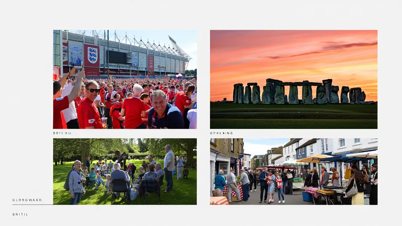 En images : victoire de l'Angleterre et solstice d'été — Football Foule de supporters anglais célébrant la victoire 4-2 contre la Croatie dans un stade, drapeaux anglais agités, ambiance festive en soirée.