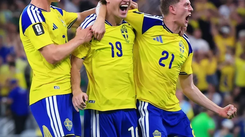 Joueurs de l'équipe de Suède célébrant leur qualification pour les 32es de finale de la Coupe du Monde sur la pelouse du stade.