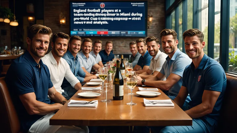 Joueurs de l'équipe d'Angleterre attablés dans un restaurant chic de Miami, souriant et discutant dans une ambiance conviviale.