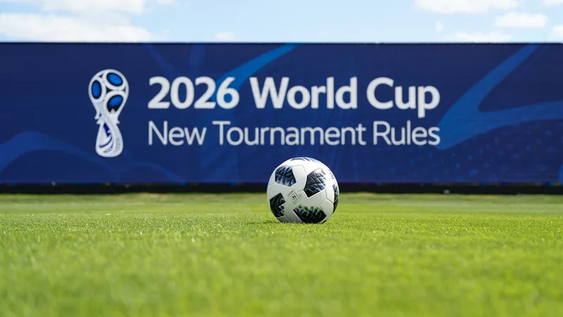 Stade de football moderne avec le logo de la Coupe du Monde 2026 et les drapeaux des États-Unis, du Canada et du Mexique