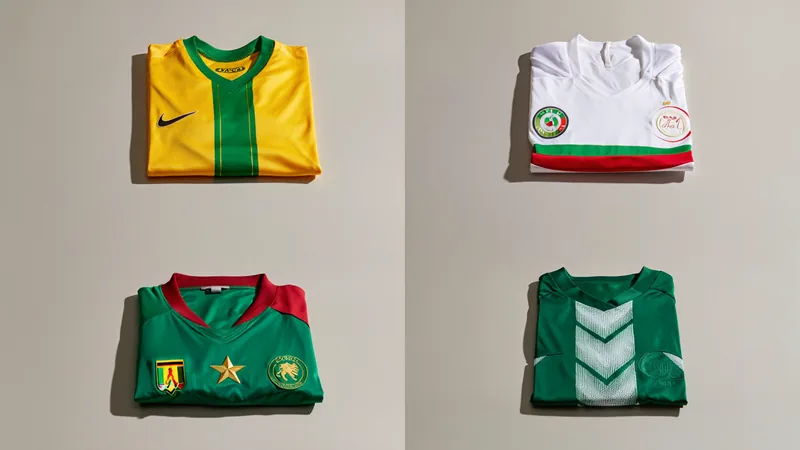 Collage de maillots africains historiques de la Coupe du monde, dont le maillot jaune du Zaïre 1974 et le vert néon du Nigeria 2018.