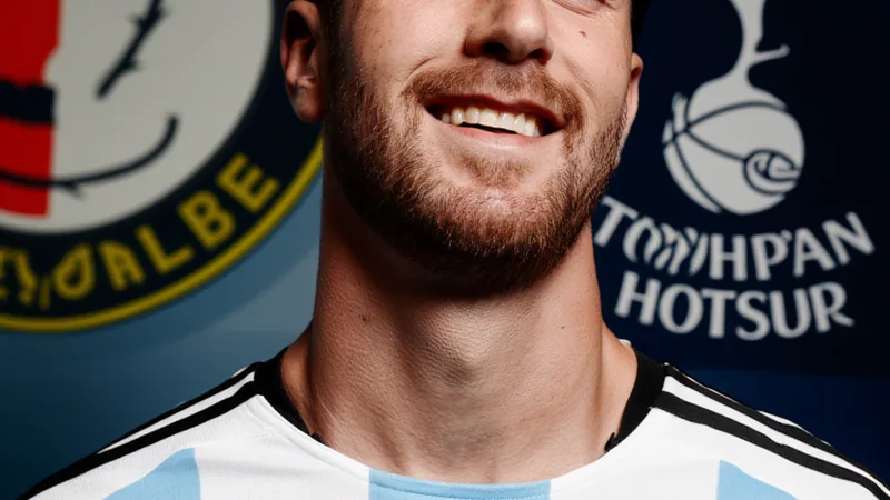 Marcos Senesi en tenue de l'équipe d'Argentine, souriant, posant devant un stade de football avec le maillot argentin et le logo de la fédération