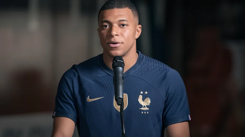 Kylian Mbappé en tenue du Paris Saint-Germain, souriant lors d'une conférence de presse, avec un micro devant lui. — latest news and analysis.
