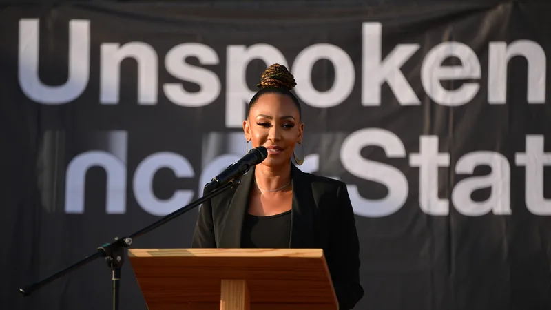 Mel B s'engage contre les violences domestiques pendant la Coupe du Mel B, ancienne Spice Girl, lors d'une conférence de presse pour la campagne Unspoken Stat contre les violences domestiques pendant la Coupe du monde.