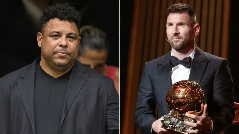 Lionel Messi en maillot argentin souriant lors d'une interview, avec une photo de Ronaldo Nazario en arrière-plan — latest news and analysis.