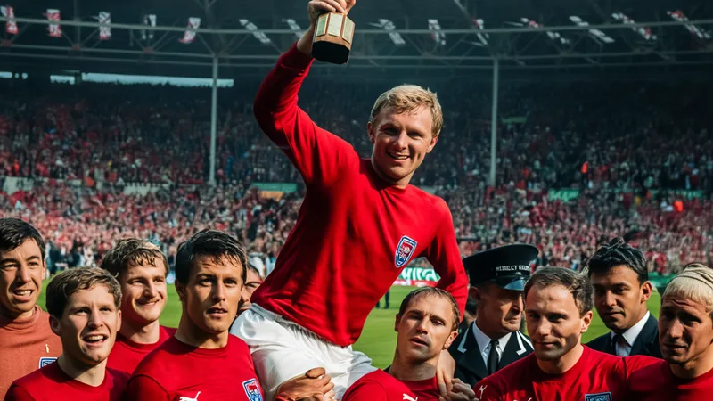 Joueurs de l'équipe d'Angleterre célébrant la victoire de la Coupe du monde 1966 sur le terrain de Wembley, soulevant le trophée Jules Rimet sous les