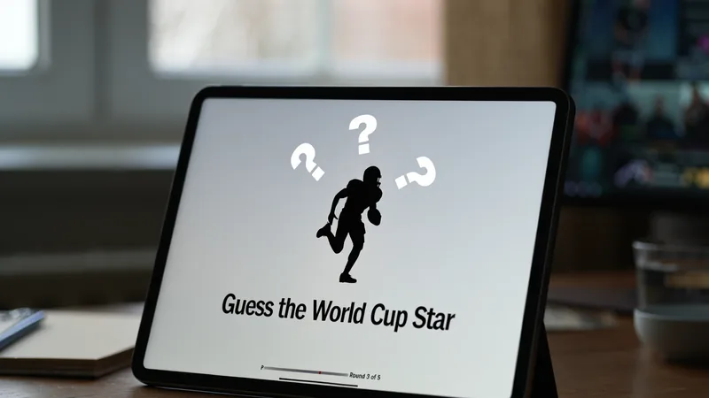 Qui suis-je ? Devinez la star de la Coupe du monde n°13 — Football Un ballon de football sur un terrain vert avec un point d'interrogation géant au centre, symbolisant le jeu de devinettes