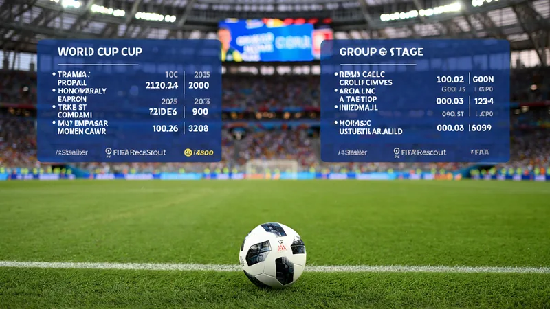Un ballon de football sur un terrain avec des graphiques statistiques en arrière-plan, représentant les chiffres de la phase de groupes de la Coupe