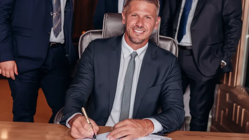RB Leipzig officialise la nomination de Martín Demichelis comme Martín Demichelis en costume, souriant, tenant un maillot du RB Leipzig lors de sa présentation officielle au stade Red Bull Arena de Leipzig.
