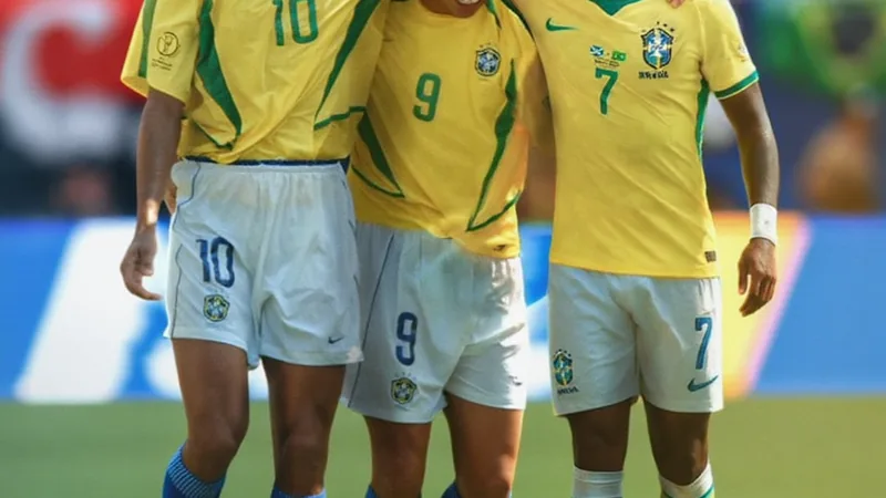 Trois joueurs brésiliens célèbrent un but lors d'un match de Coupe du Monde, avec le maillot jaune emblématique et le drapeau brésilien en