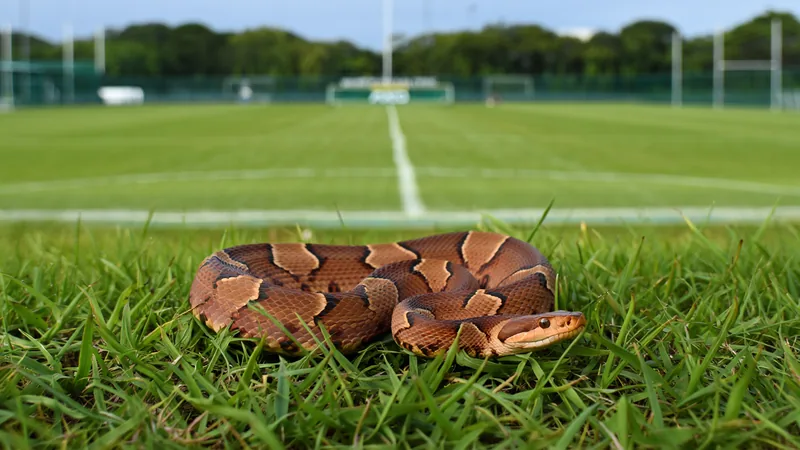 Un serpent à sonnette enroulé dans l'herbe près d'un ballon de football sur un terrain d'entraînement américain — latest news and analysis.