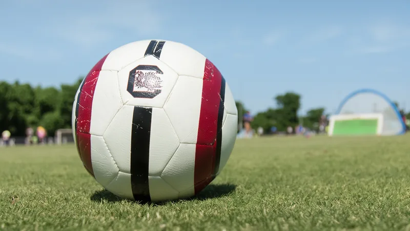 Camp de foot pour jeunes à Albany boosté par la Coupe du Monde Jeunes joueurs de football souriants sur un terrain vert à Albany, tenant des ballons de football neufs, avec un drapeau de la Coupe du Monde en