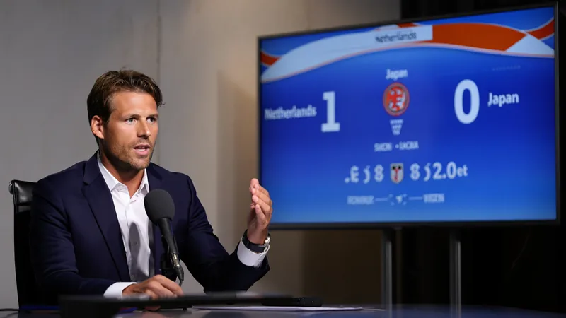 Van der Vaart critiqué pour racisme envers le Japon — Football World Rafael van der Vaart en costume, micro à la main, sur un plateau télévisé avec le logo NOS en arrière-plan — latest news and analysis.