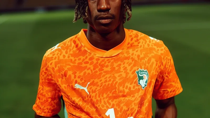 Un jeune joueur de football ivoirien en tenue de sport, souriant, avec un ballon aux pieds sur un terrain vert, sous un ciel ensoleillé.
