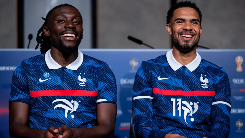 Zaire-Emery et Koné : la patience, clé du succès pour les Bleus Warren Zaire-Emery et Manu Koné en tenue d'entraînement des Bleus, souriants, sur la pelouse du New York New Jersey Stadium.