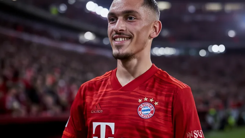 Jeune joueur du Bayern Munich en tenue d'entraînement sur la pelouse de l'Allianz Arena, souriant et regardant l'objectif.