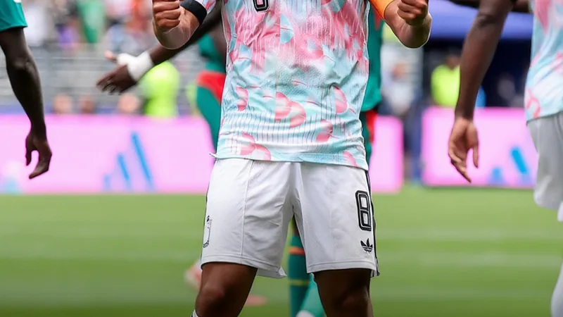 Joueurs belges célébrant leur victoire sur la pelouse, avec des supporters en liesse en arrière-plan et le tableau d'affichage indiquant le score
