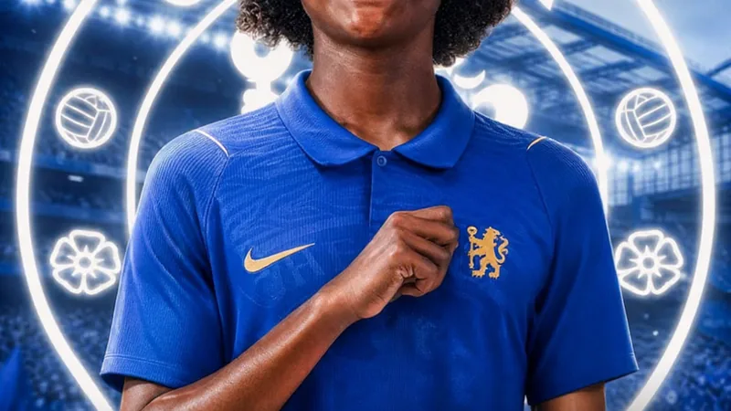 Chelsea recrute le prodige américain Benji Flowers — Football World Un jeune joueur de football américain en tenue de Dallas FC, dribblant un ballon sur un terrain vert, avec le logo de Chelsea en arrière-plan.