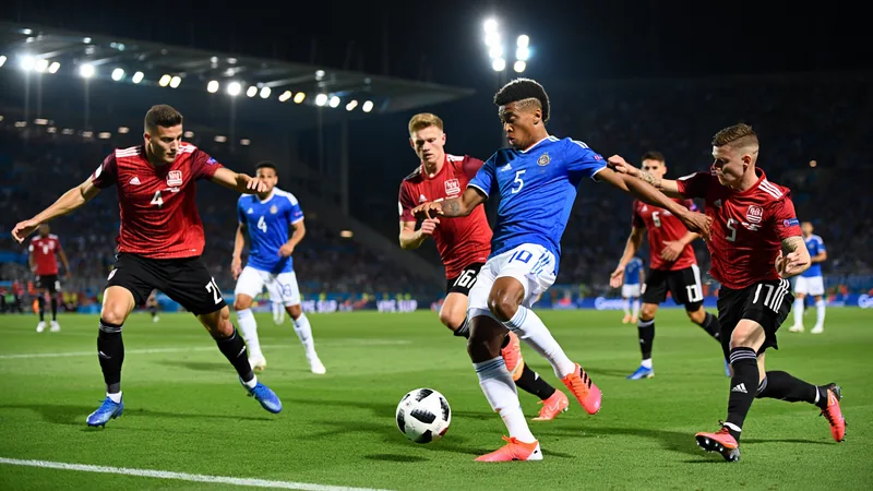 Coupe du monde : la domination européenne, une surprise ? — Football Joueurs de football célébrant une victoire sur un terrain, avec un drapeau européen en arrière-plan et des supporters en liesse dans les tribunes.