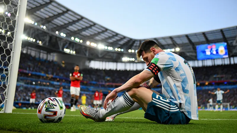 Penaltys de Messi avec l'Argentine : faut-il les retirer ? — Football Lionel Messi en maillot argentin, debout devant le point de penalty, regardant le ballon, avec un gardien égyptien dans le but en arrière-plan.