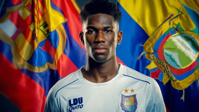 Un jeune joueur de football équatorien en tenue de LDU Quito, souriant, avec un ballon sous le bras, devant le logo du FC Barcelone.