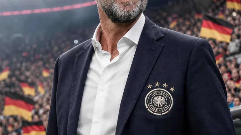 Jürgen Klopp nommé sélectionneur de l'Allemagne — Football World Cup Jürgen Klopp souriant en costume, debout sur un terrain de football, avec le logo de la Fédération allemande en arrière-plan.