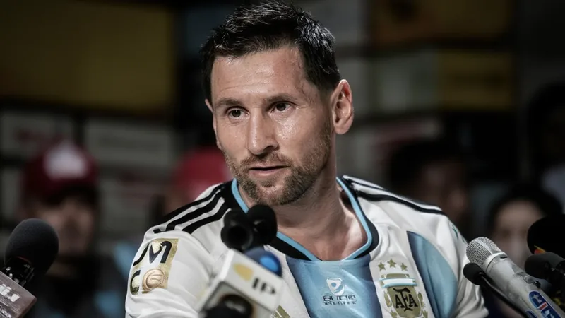 Lionel Messi en tenue de l'Argentine, souriant et levant les bras, entouré de ses coéquipiers sur un terrain de football.