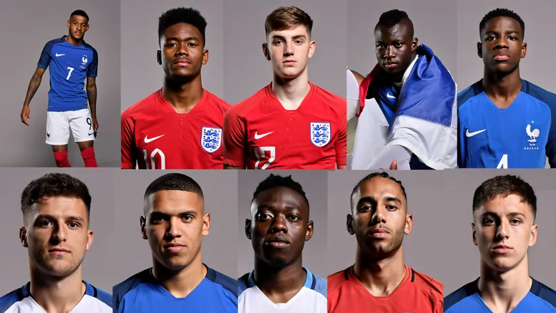 Neuf stars du Mondial qui pourraient changer d'air cet été — Football Montage photo de neuf joueurs de football en tenue de leur équipe nationale, avec des maillots de clubs superposés en arrière-plan, symbolisant les