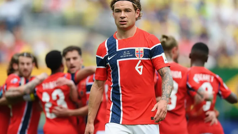 Patrick Berg, nouveau pilier de la Norvège à la Coupe du Monde Patrick Berg en action lors d'un match de la Coupe du Monde, portant le maillot rouge de la Norvège, concentré sur le ballon dans un stade rempli de