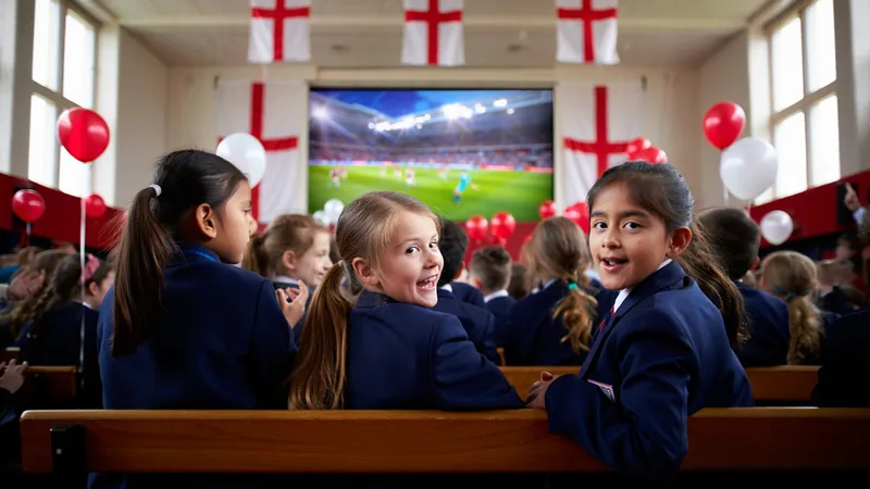 Une école organise une projection du match de l'Angleterre — Football Des élèves assis dans une salle de classe regardant un match de football projeté sur un écran, avec des décorations aux couleurs de l'Angleterre.