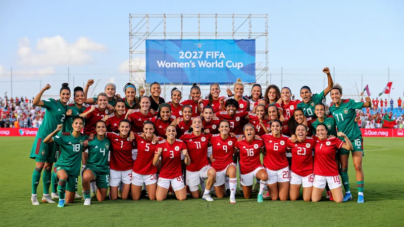 Algérie et Maroc qualifiés pour le Mondial 2027 — Football World Cup Joueuses de l'équipe d'Algérie célébrant leur qualification pour le Mondial 2027 sur la pelouse du stade au Maroc, avec des drapeaux algériens agités