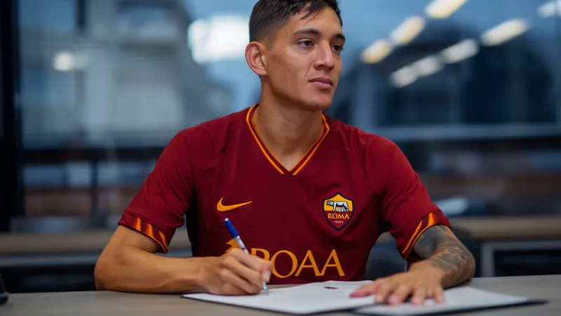 Nahuel Molina signe à l'AS Roma pour quatre ans — Football World Cup Nahuel Molina en action avec le maillot de l'Atlético de Madrid, sur un terrain de football, avec des supporters en arrière-plan.