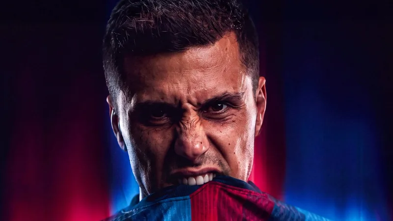 Rodri en tenue du FC Barcelone, souriant, lors de sa présentation officielle au Camp Nou, avec le maillot blaugrana et le logo du club.