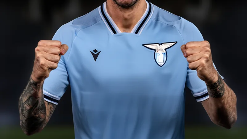 Jogador de futebol Alessio Romagnoli vestindo a camisa da Lazio em um campo de treinamento, com fundo desfocado de arquibancadas.