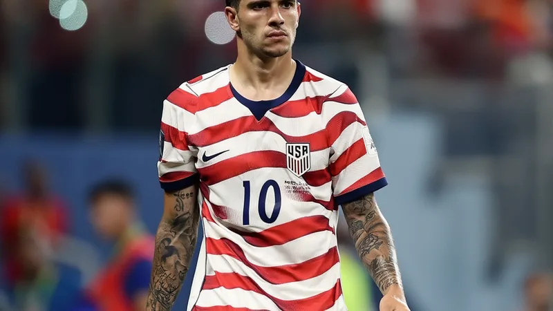 Christian Pulisic fora da seleção dos EUA contra a Austrália Jogador Christian Pulisic com a camisa da seleção dos EUA, segurando a panturrilha em campo durante um treino, com expressão de preocupação.