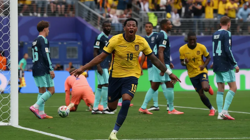 Jogadores do Equador a celebrar o golo da vitória sobre a Alemanha no New York/New Jersey Stadium, com Gonzalo Plata no centro da euforia.