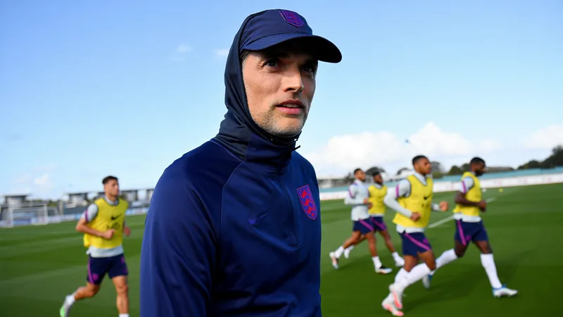 Thomas Tuchel usando boné e hoodie com capuz durante treino da Inglaterra em Kansas City, sob sol forte, com jogadores ao fundo.