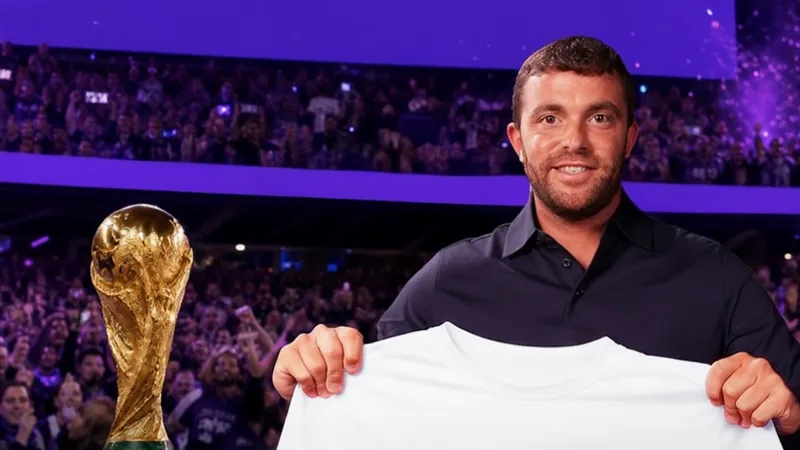 Kraken é patrocinador oficial da Copa do Mundo FIFA 2026 — Football Logotipo da Kraken ao lado do troféu da Copa do Mundo FIFA, com bandeiras dos Estados Unidos, Canadá e México ao fundo, em um estádio de futebol
