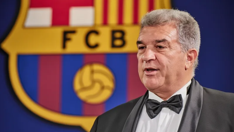 Joan Laporta, presidente do Barcelona, falando em entrevista ao programa Chiringuito, com o logotipo do clube ao fundo. — latest news and analysis.