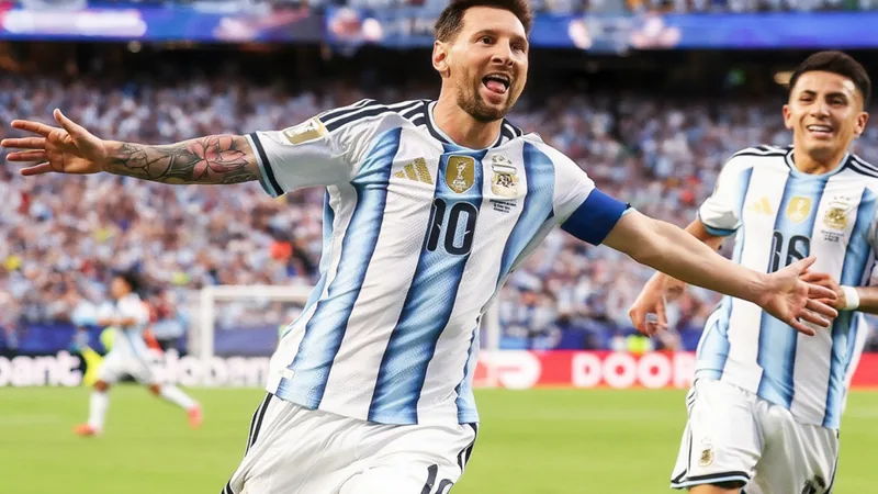 Lionel Messi se torna o segundo maior artilheiro da história das Lionel Messi comemora um gol pela Argentina em uma partida da Copa do Mundo, com a torcida ao fundo e o estádio iluminado.