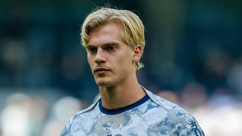 Jovem jogador sueco Lucas Bergvall com a camisa do Tottenham em campo, durante uma partida noturna, com torcida ao fundo.