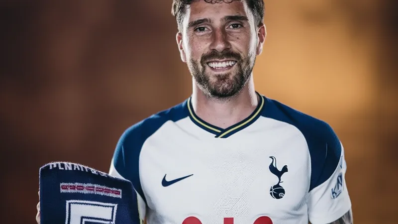 Marcos Senesi é o novo reforço do Tottenham e vestirá a camisa 5 Marcos Senesi segurando a camisa 5 do Tottenham Hotspur ao lado do técnico Ange Postecoglou no centro de treinamento do clube