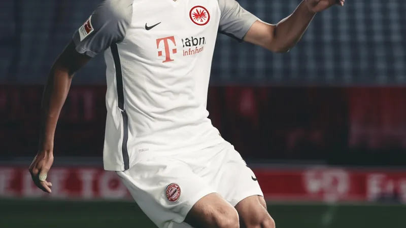 Nathaniel Brown com a camisa do Eintracht Frankfurt durante uma partida, correndo com a bola no estádio Deutsche Bank Park.