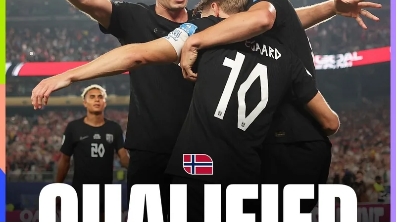 Jogadores da seleção norueguesa comemorando a classificação para a Copa do Mundo, com a bandeira da Noruega ao fundo — latest news and analysis.
