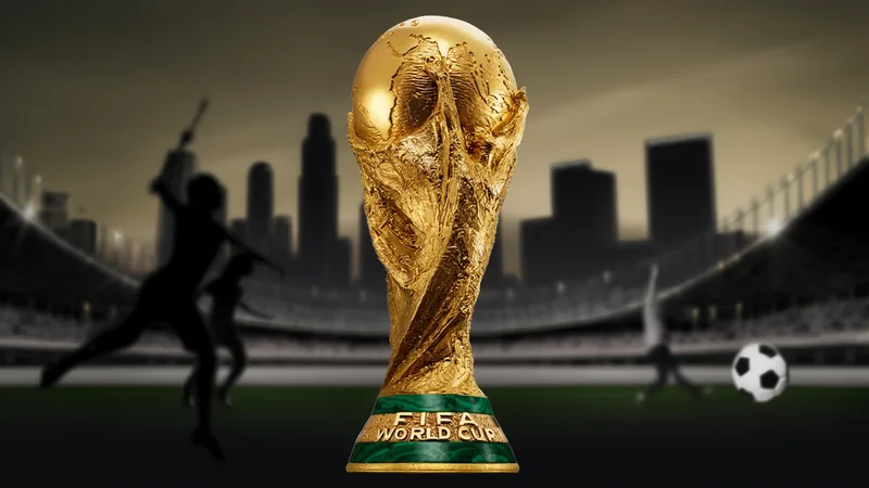 Novos talentos anunciados para cerimônias da Copa do Mundo 2026 em Palco iluminado no Los Angeles Stadium com artistas e bandeiras da Copa do Mundo 2026, multidão animada e telões exibindo o logotipo do torneio.
