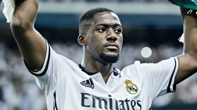 Jogador Ibrahima Konaté vestindo a camisa do Real Madrid, sorrindo, com o estádio Santiago Bernabéu ao fundo durante a apresentação oficial.