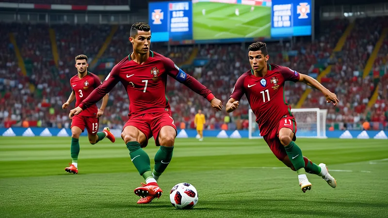 Jogadores da seleção portuguesa de futebol cabisbaixos após perderem chance de gol em partida oficial, com estádio ao fundo