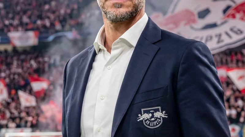 RB Leipzig nomeia Martín Demichelis como novo treinador — Football Martín Demichelis, técnico argentino, usando terno e segurando uma prancheta, em frente ao estádio do RB Leipzig, com o logotipo do clube ao fundo.