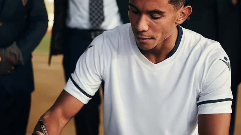 Senny Mayulu renova com PSG até 2031 — Football World Cup News Jovem jogador Senny Mayulu segurando a camisa do Paris Saint-Germain em frente ao logotipo do clube no Parque dos Príncipes